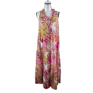 True Destinations Resort Wear Tiered Gauze Cotton Tropical Printed M Maxi Dress